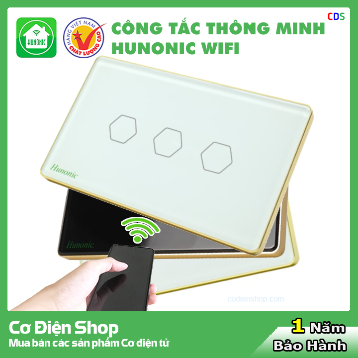 Công Tắc Thông Minh Hunonic Wifi [ Điều Khiển Từ Xa Bằng Điện Thoại ] Hình Chữ Nhật, Viền Vàng - Hàng Chính Hãng