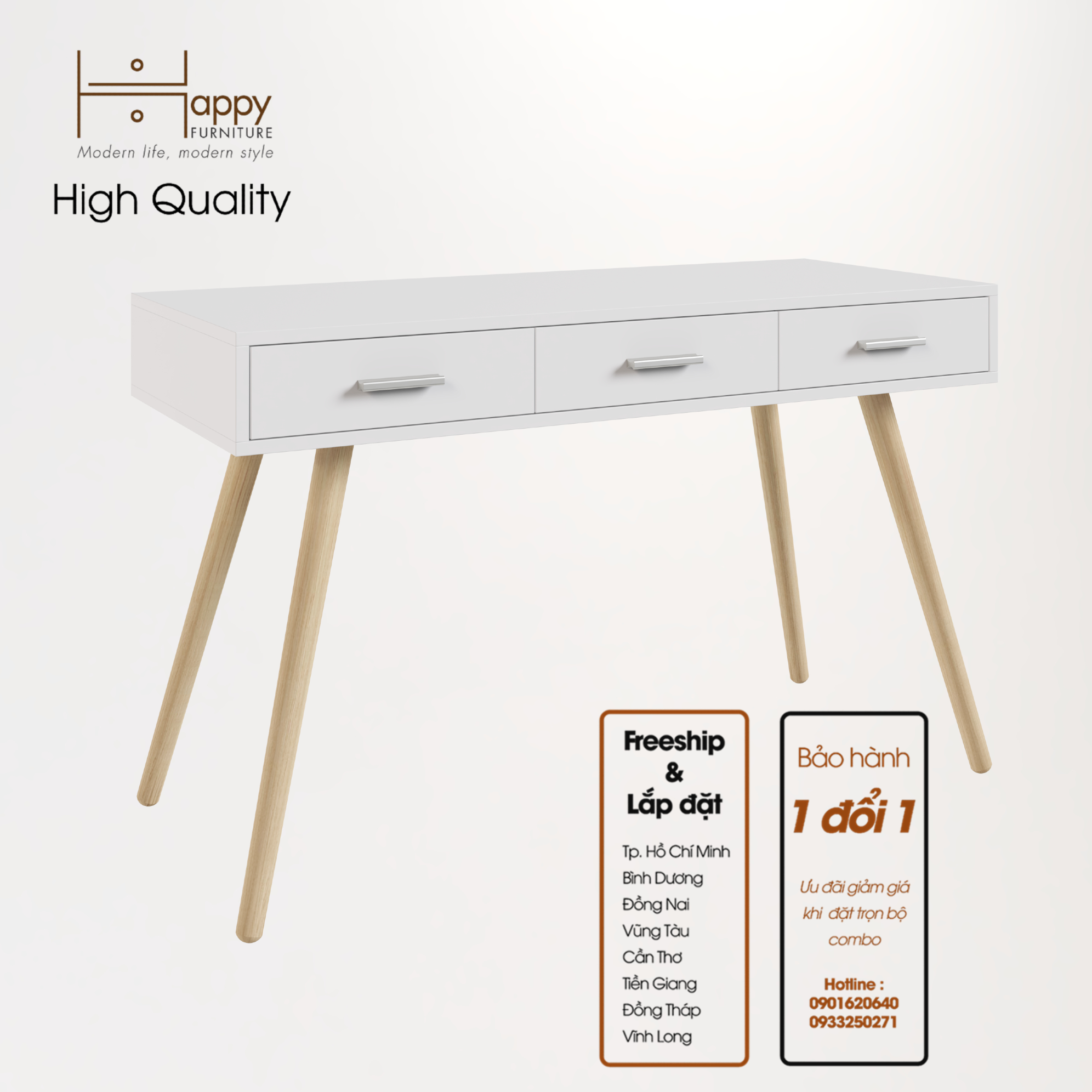 [Happy Home Furniture] OSRI, Bàn làm việc 3 ngăn - chân gỗ chéo ,  120cm x 50cm x 75cm ( DxRxC), BAN_003