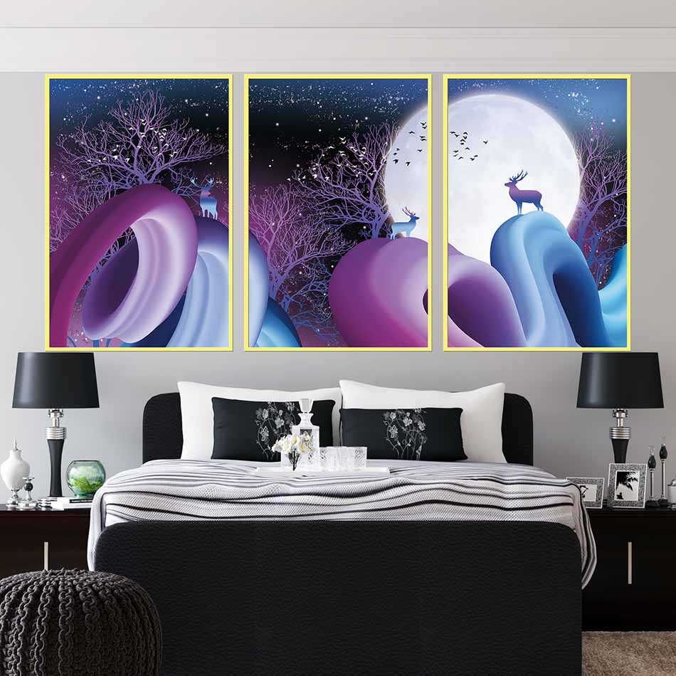 Bộ 3 tranh canvas treo tường Decor họa tiết cách điệu hươu và rừng cây, phong cách hiện đại, ấn tượng - DC059