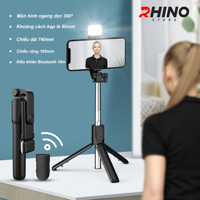 Gậy chụp ảnh cầm tay, kệ đỡ điện thoại 3 chân Rhino KP101 kèm bóng đèn LED với 6 thanh inox dài - Hàng chính hãng
