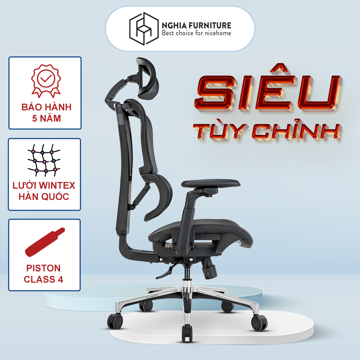 Ghế Công Thái Học Nghia Furniture Lumbar - Ghế Xoay Văn Phòng Làm Việc Nhiều Tính Năng Khủng - Khung Đen - Full Lưới Đen