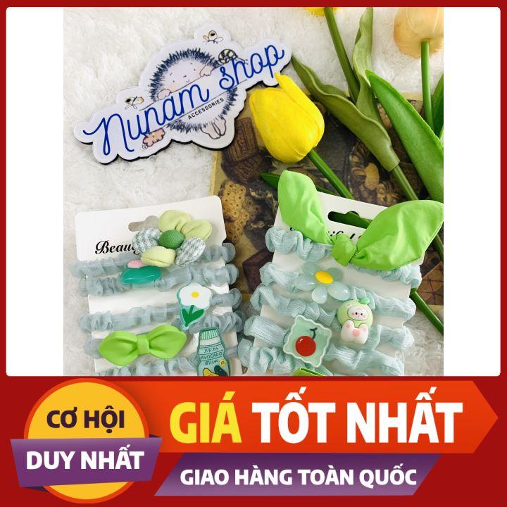 Set 5 - cột tóc crunchies vải màu xanh lá nhiều hoạt tiết dễ thương Nunam shop đồ cột tóc đẹp, cute, cao cấp