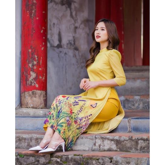 Áo dài cách tân HÀ ĐÔNG Áo dài màu vàng, cao cấp tơ óng in hình hoa hoa lá cực sang chảnh