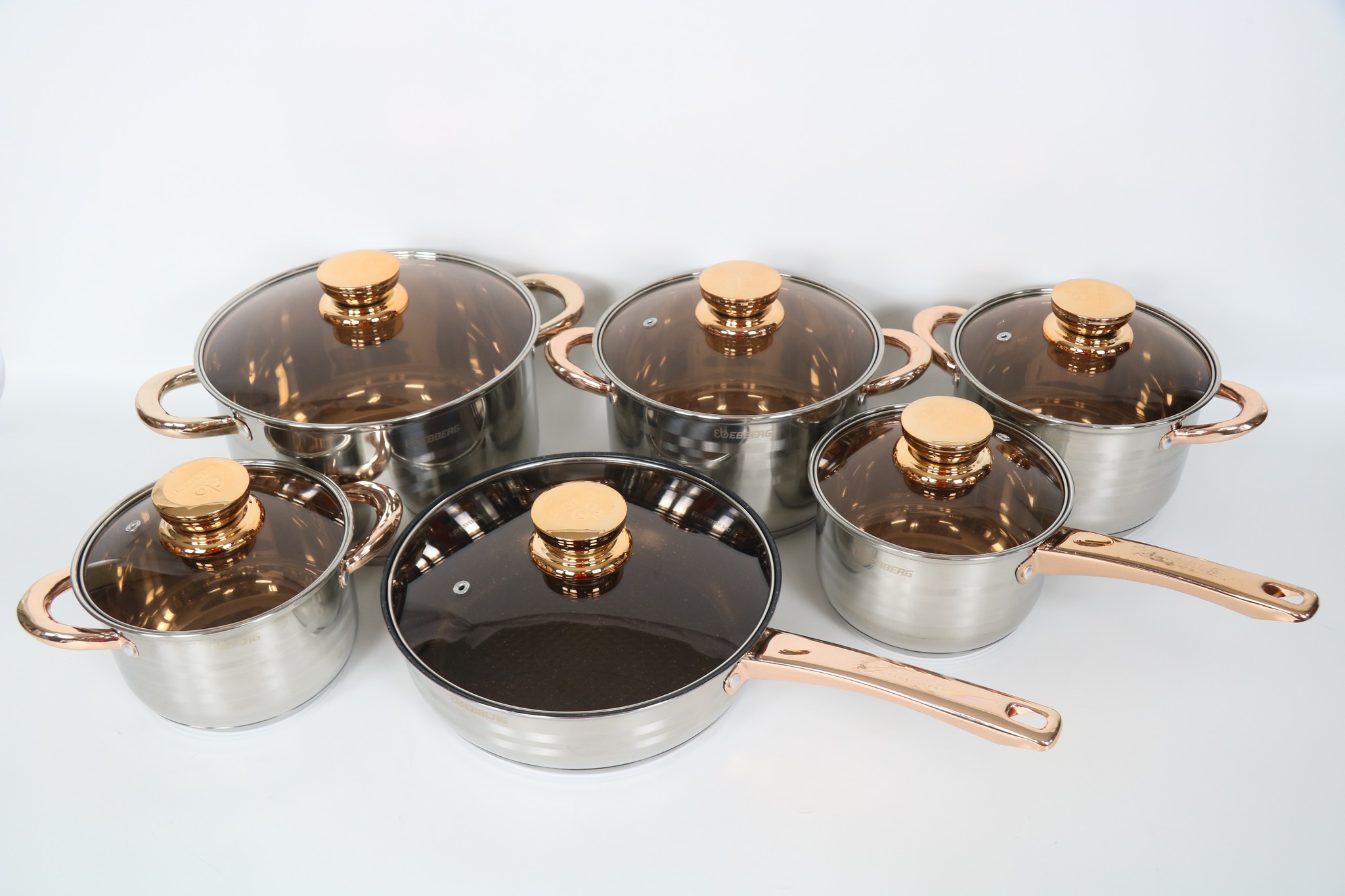 Bộ 6 Nồi Chảo Inox 5 Đáy Eb EBBERG EB-813 (EB-8013/EB8013B/EB-811) Dùng Mọi Bếp - Hàng Chính Hãng