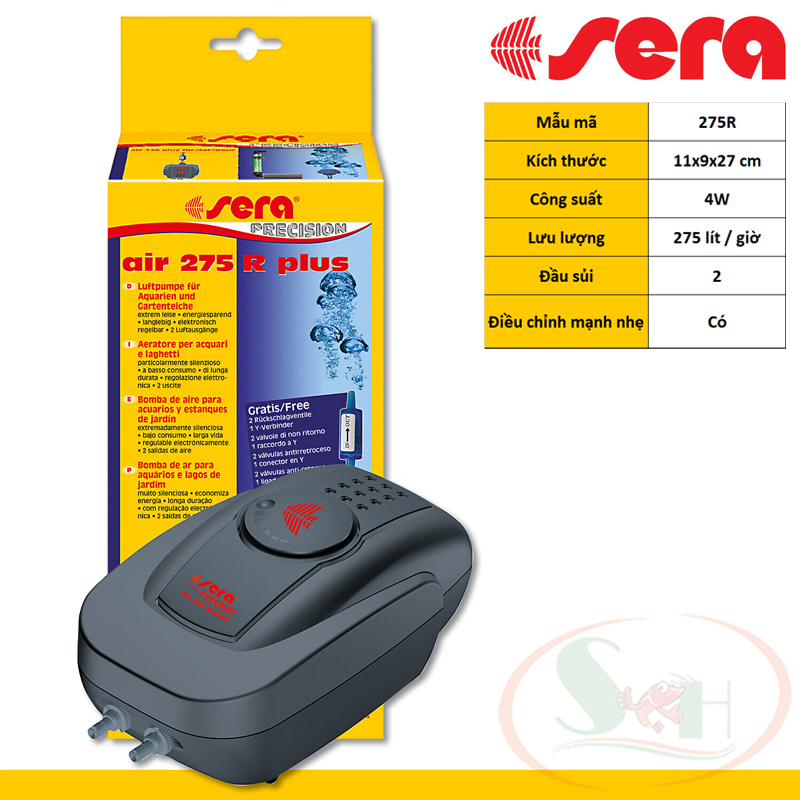 Máy sủi oxy Sera Air 110, 275, 550 R Plus sủi oxy 1, 2, 4 vòi êm bể cá tép