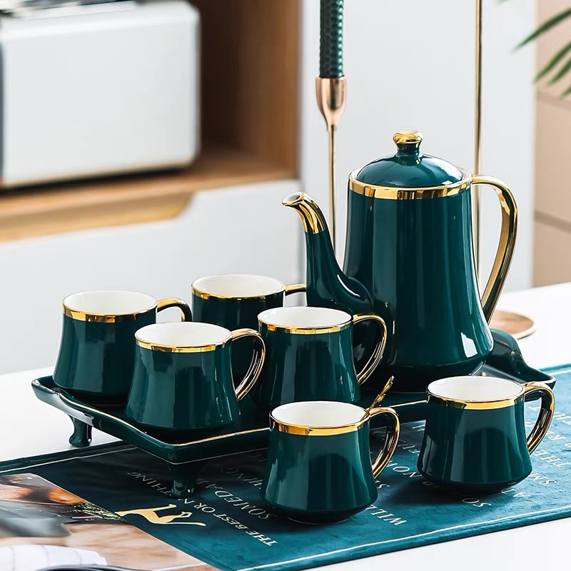 Bộ ấm chén kèm khay sứ pha trà viền vàng sang trọng