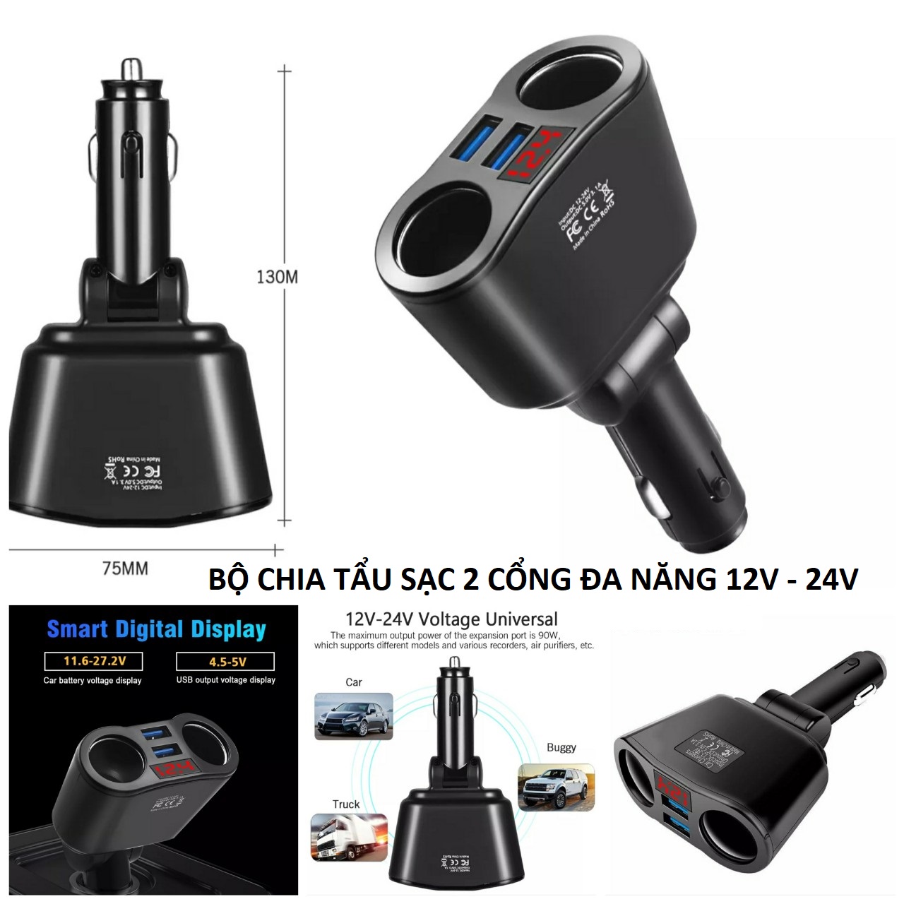 Thiết bị chia tẩu sạc trên xe hơi ô tô 2 cổng đa năng có USB 3.1A kèm đồng hồ báo vôn ắc quy 12v-24v mẫu mới