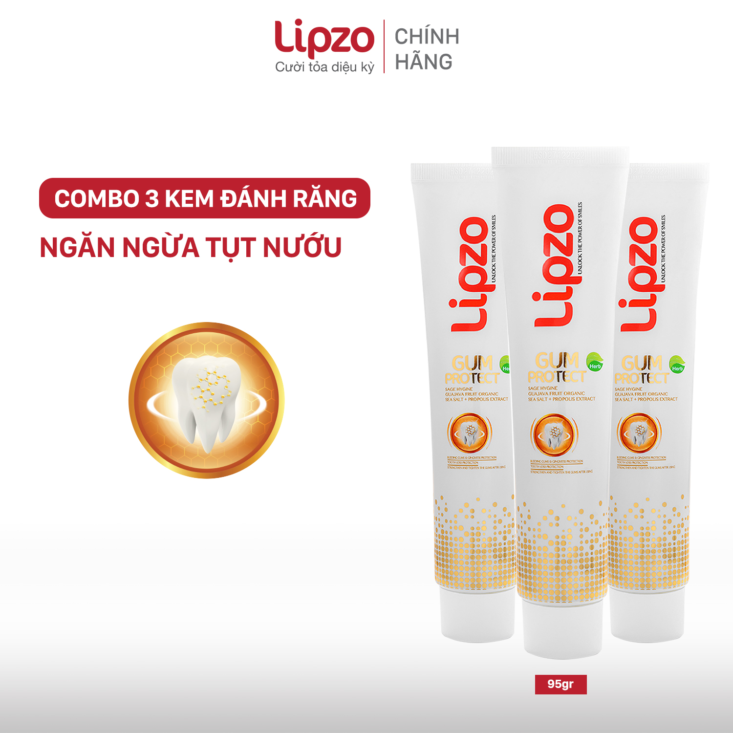 Combo 3 Kem Đánh Răng Dược Liệu Lipzo Gum Protect Chống Tụt Nướu 95g Ngăn Ngừa Chảy Máu Chân Răng, Khử Khuẩn, Răng Chắc Khỏe