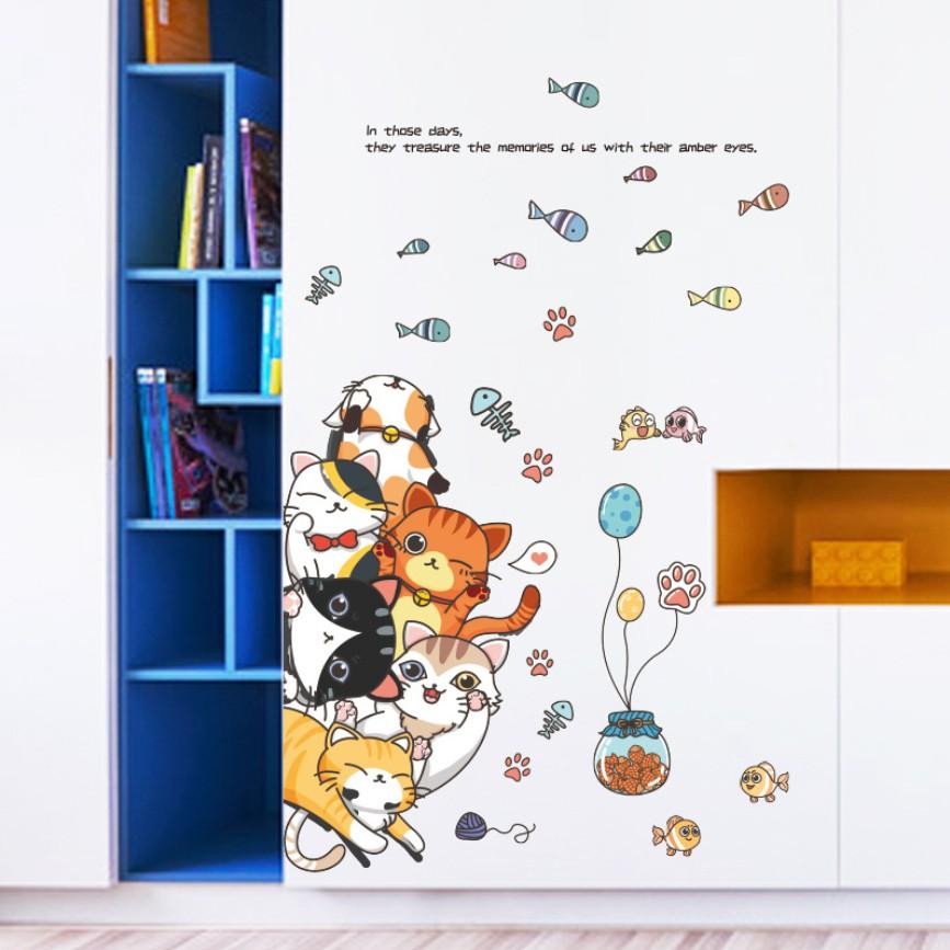 Decal dán tường trang trí - 6 CHÚ MÈO TINH NGHỊCH ĐÁNG YÊU