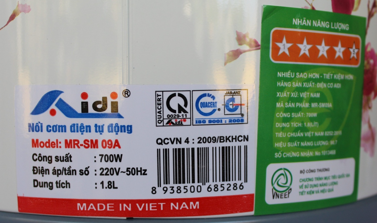 Nồi Cơm Điện Tự Động Nắp Rời Aidi MR-SM 09A (1,8 lít) - Màu Ngẫu Nhiên - Chính Hãng