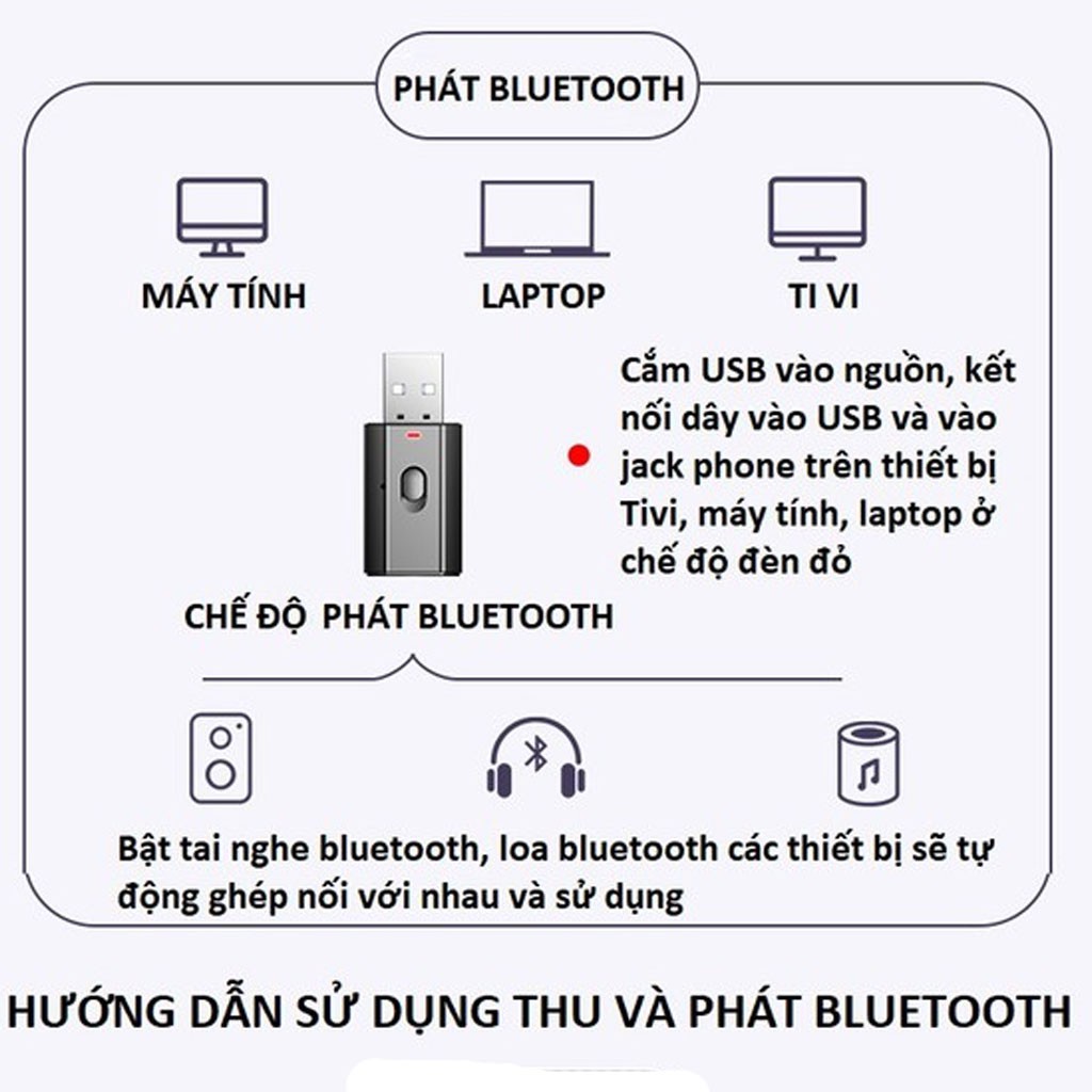 Thiết bị thu phát âm thanh Usb bluetooth 5.0 âm thanh đa chức năng jack cắm 3.5mm cho loa, ô tô tai nghe bluetooth, biến loa thường thành loa Bluetooth, Hàng Chính Hãng