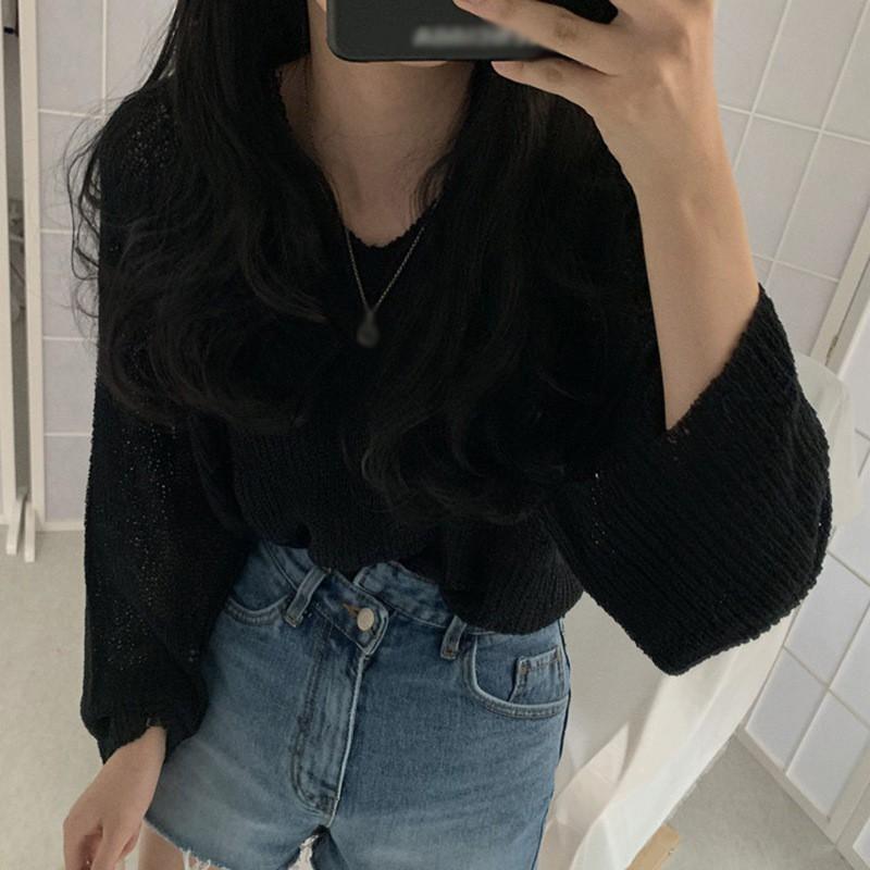 Áo Dệt Kim Mỏng Dáng Rộng Tay Dài 3 Màu Trơn Tùy Chọn Cho Nữ