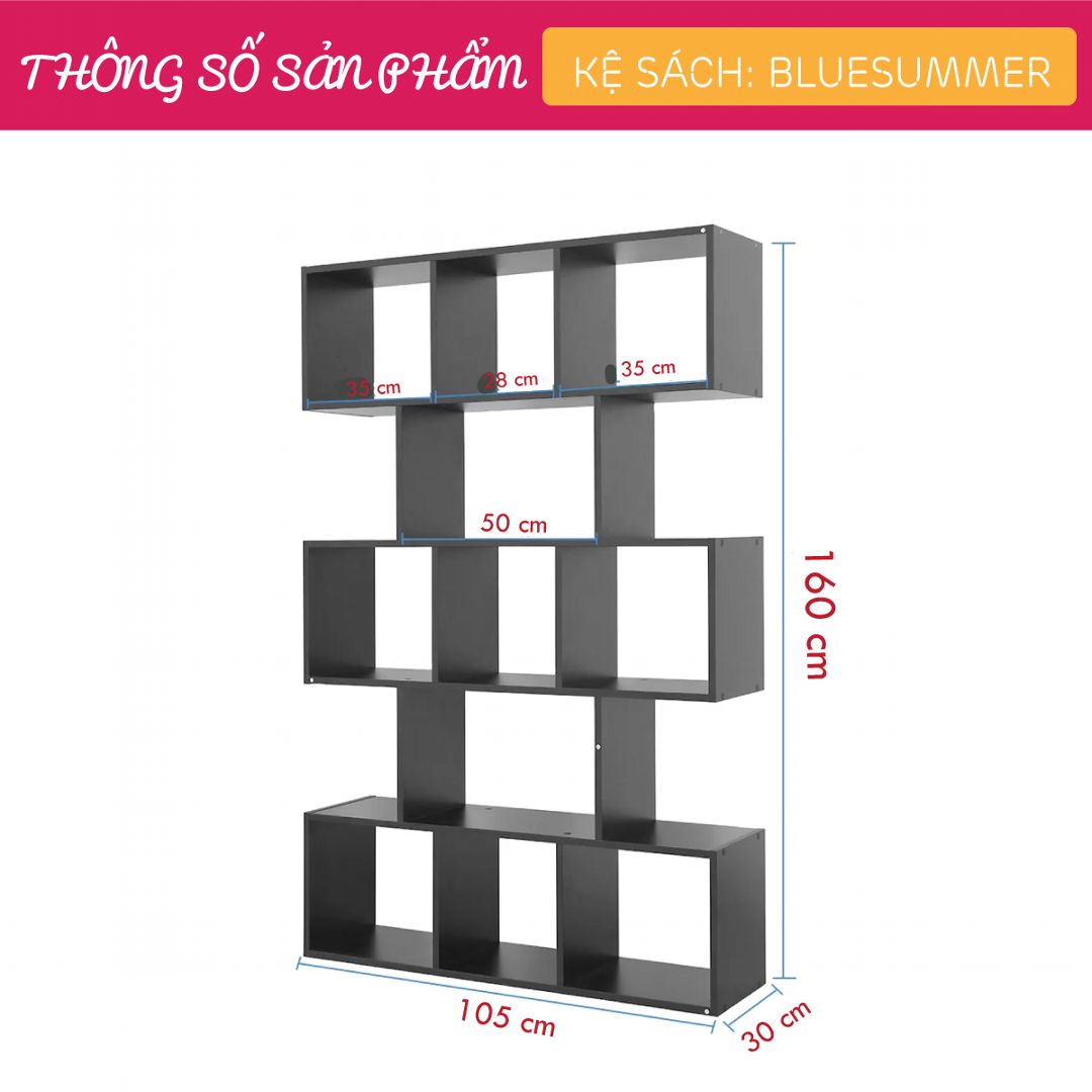 Kệ sách, kệ trang trí gỗ hiện đại SMLIFE Bluesummer | Gỗ MDF dày 17mm chống ẩm | D105xR30xC160cm