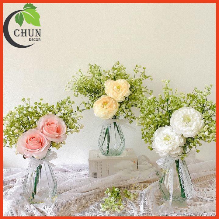Bình Hoa Thủy Tinh, Bình Hoa Cắm Sẵn Hoa Hồng Cao 32Cm Trang Trí Bàn Trà Bàn Tiệc Bàn Trang Điểm Kệ Tủ