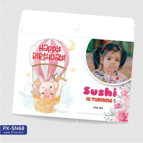 Thiệp thôi nôi – sinh nhật Pluxi in hình bé, thiết kế theo yêu cầu