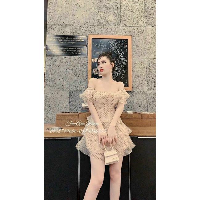 FREESHIP Đầm Voan nữ Chấm Bi trễ Vai Xoè Tầng Ôm Eo màu nude cực tôn da GKM