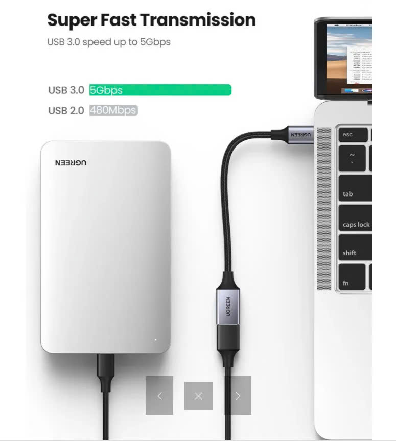Bộ chuyển đổi USB type C sang USB 3.0 UGREEN US378 | Hỗ trợ OTG | Vỏ bọc nylon bền bỉ | Hàng chính hãng | Bảo Hành 18 Tháng 1 Đổi 1 | 70889