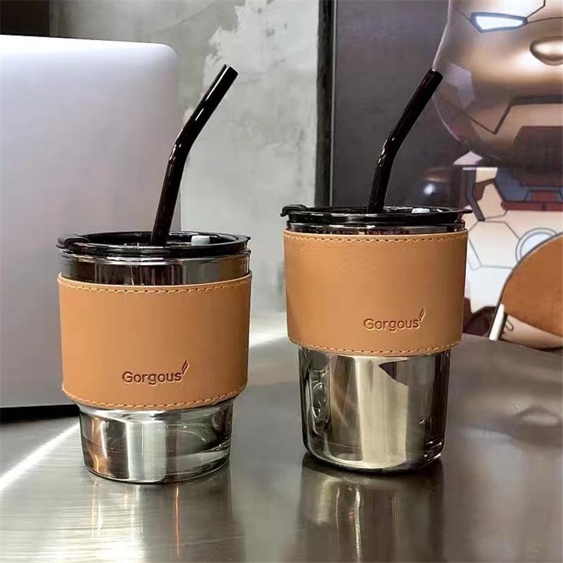 Ly Thuỷ Tinh Giữ Nhiệt Bọc Da Cao Cấp Giữ Nhiệt Từ 6 Đến 8 Tiếng - Có Nắp Và Ống Hút - Dung Tích 450ml