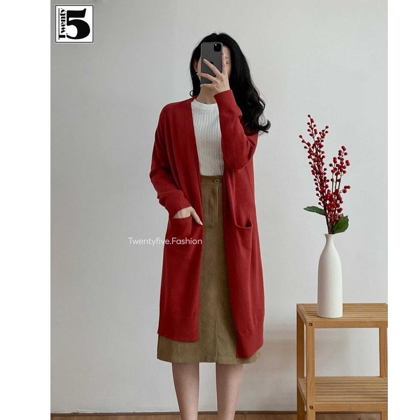 Áo len cardigan nữ dáng dài túi ốp, không cúc Twentyfive 4002