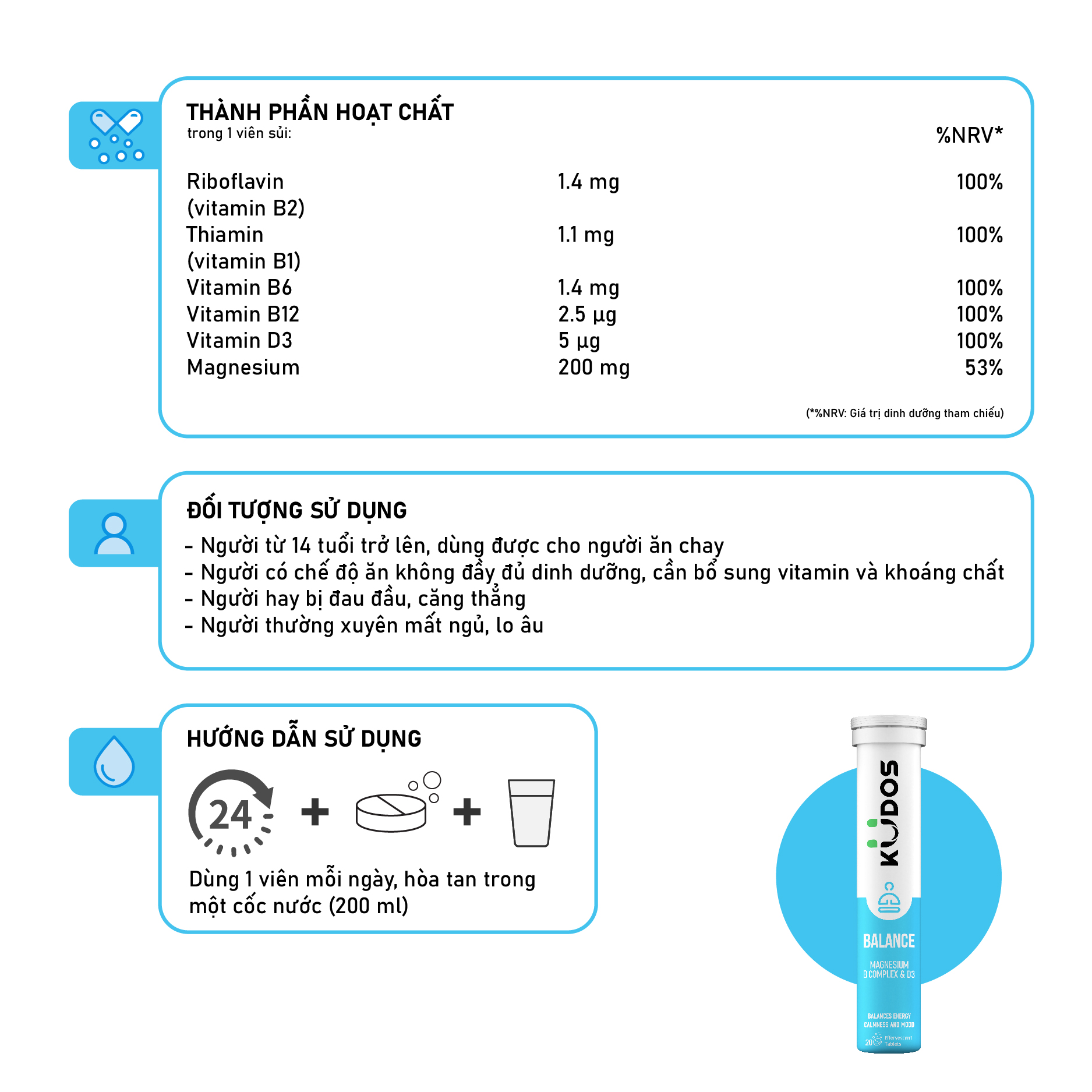 Viên sủi Magie + Vitamin nhóm B KUDOS BALANCE hỗ trợ giảm stress, ngủ ngon, tinh thần thoải mái (20 viên/ tuýp).