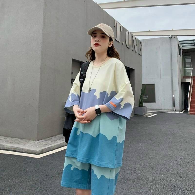Sét đồ bộ mặc nhà chất thun thun cotton in 3D loang màu nam nữ freesize từ