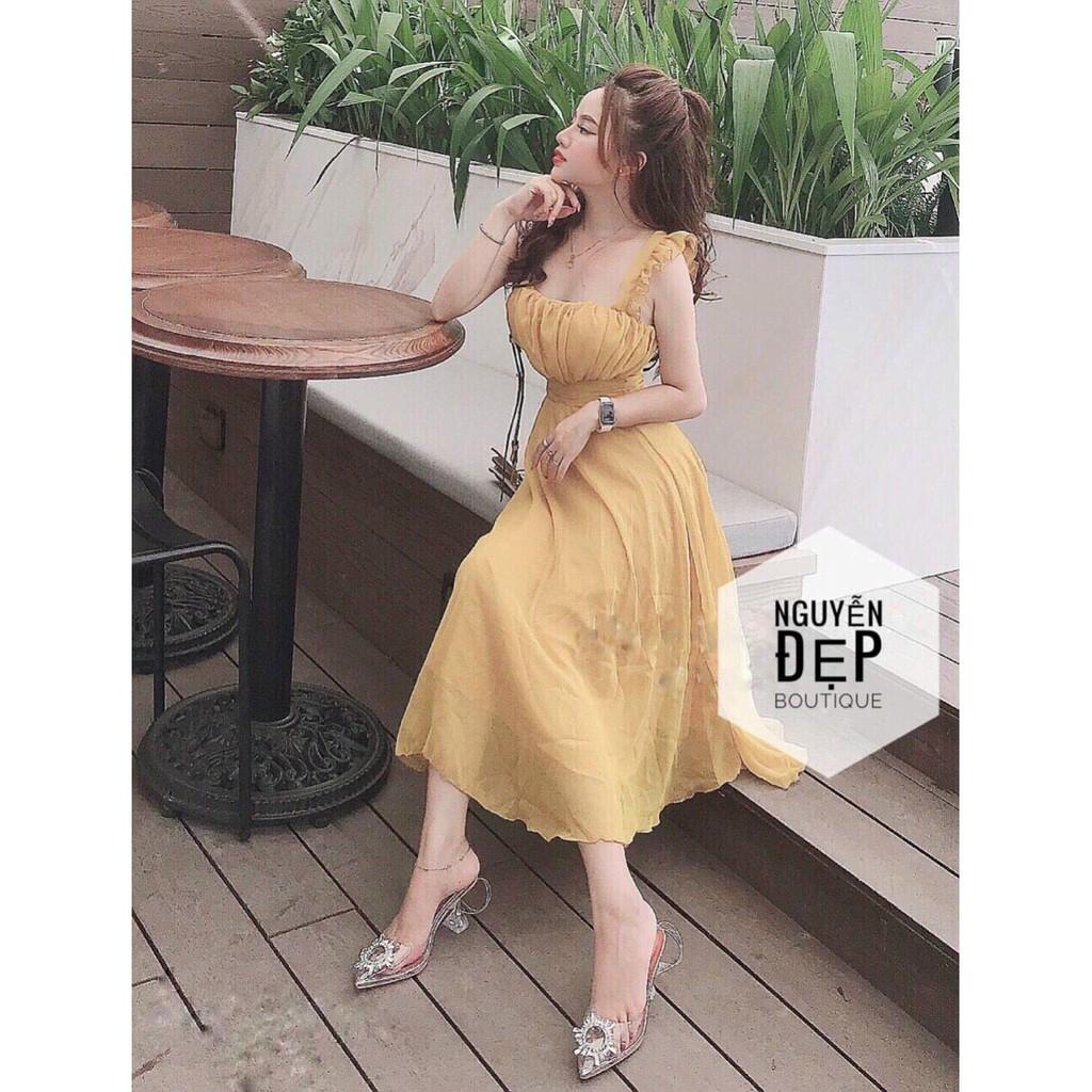 Đầm maxi voan 2s bèo nhún ngực kèm mút