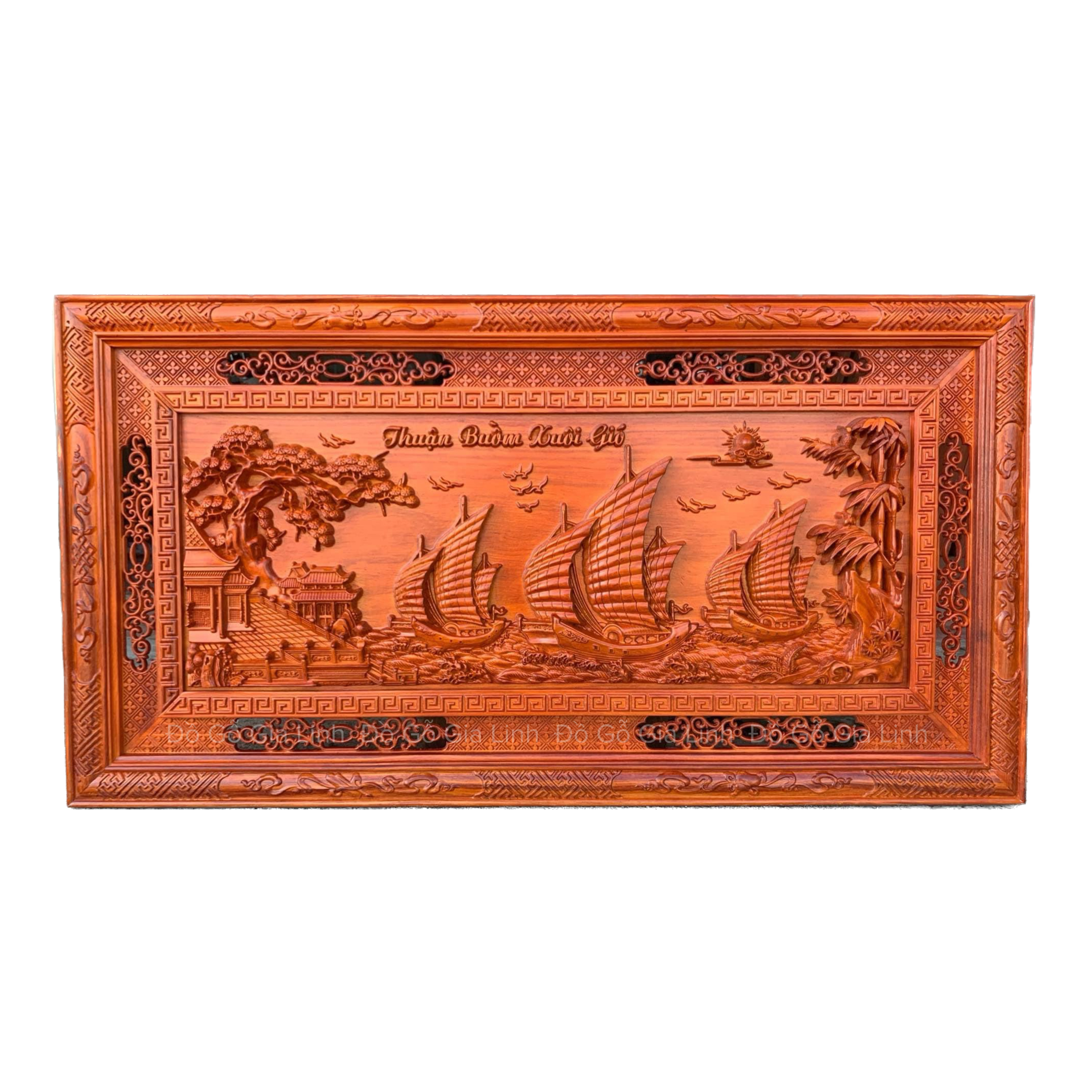 Tranh Thuận buồm xuôi gió Đồ Gỗ Gia Linh chạm khung gỗ Hương đỏ KT 127cm x 67cm x 4cm