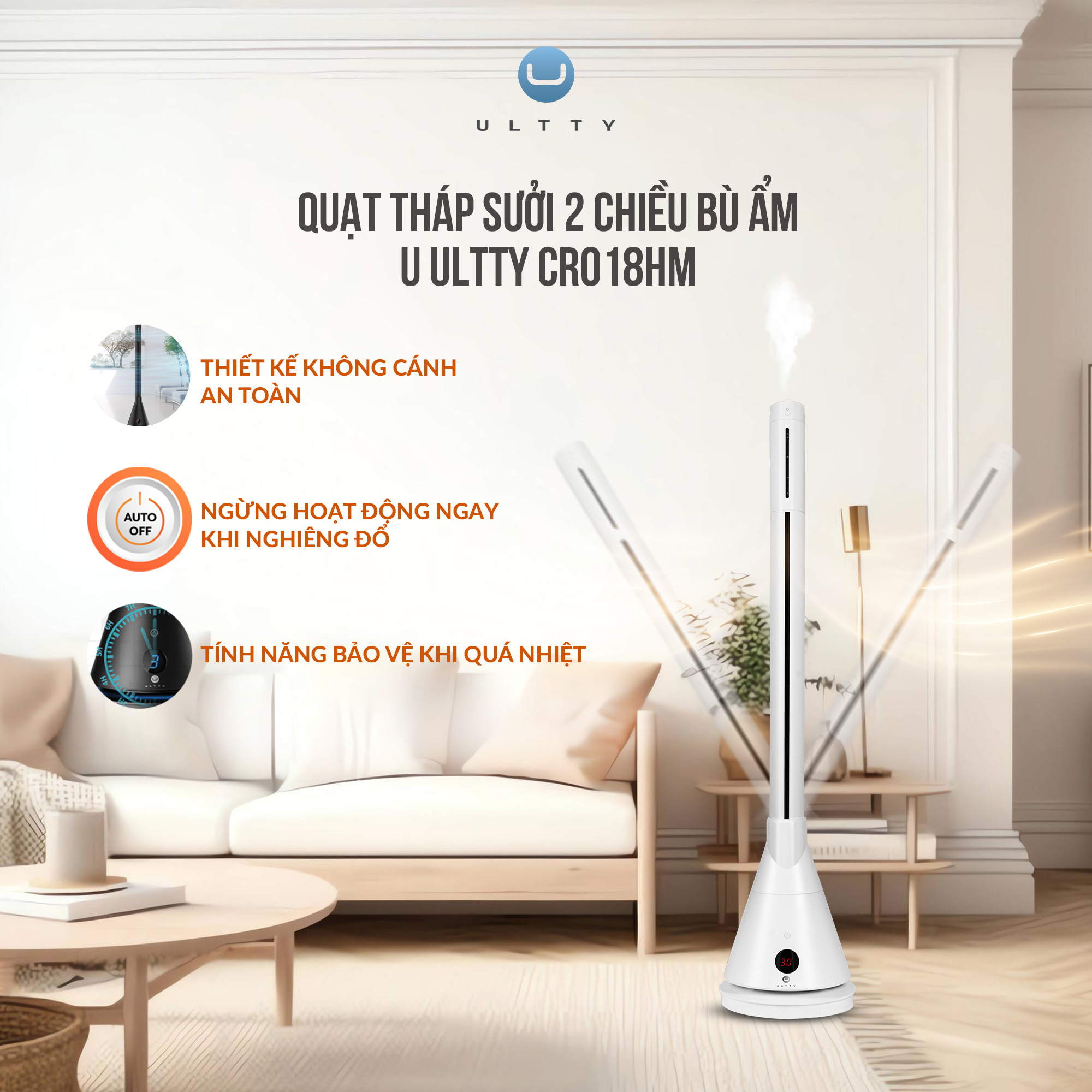 Quạt Làm Mát Và Sưởi Ấm ULTTY SKJ-CR018H, Chất Liệu Sưởi Gốm Ceramic Không Đốt Cháy Oxy, Không Khô Da, Tự Động Tắt Khi Quá Nhiệt - Màu Trắng - Hàng Chính Hãng