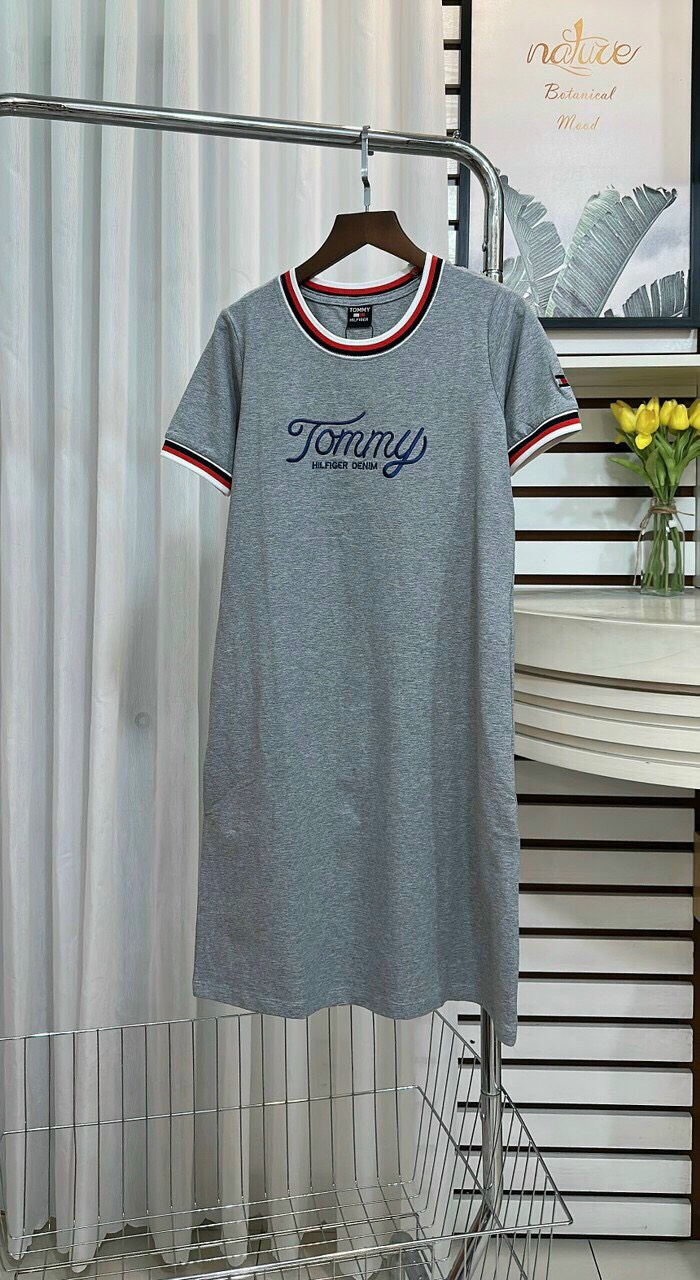 Đầm suông thun cotton viền cổ bo tay thêu chữ hàng đẹp