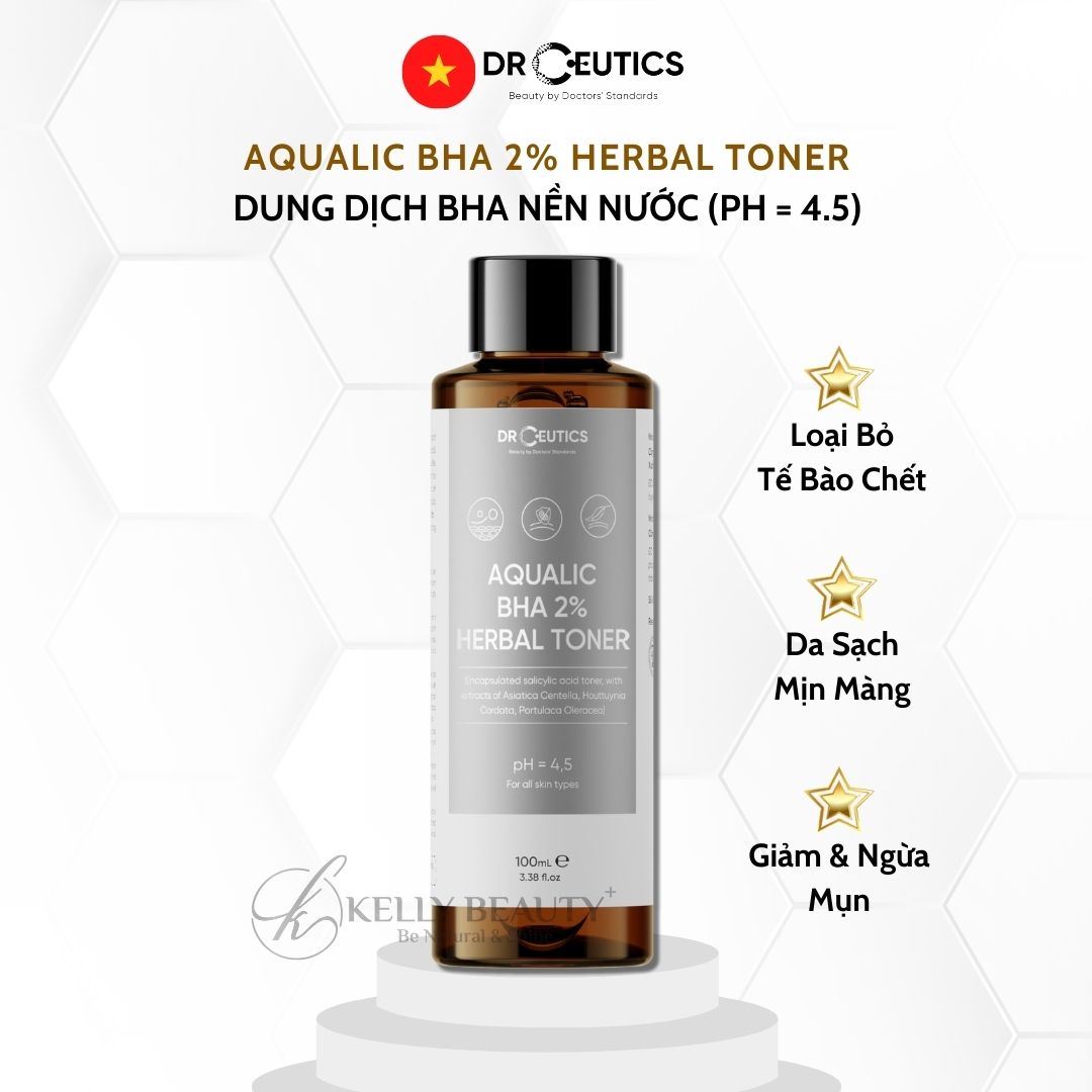 DrCeutics Aqualic BHA 2% Herbal Toner - Giảm Mụn, Ngừa Mụn Tái Phát; Da Sạch Mịn Màng | Kelly Beauty