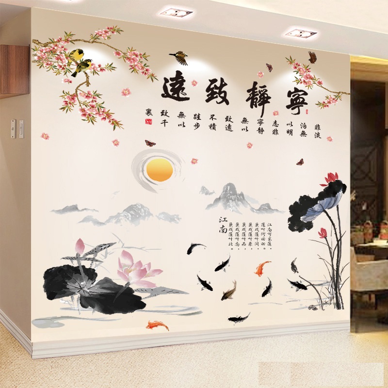 Decal trang trí combo sen và cành đào chim yến hỷ Á Đông sang trọng dán tường/kính/gỗ