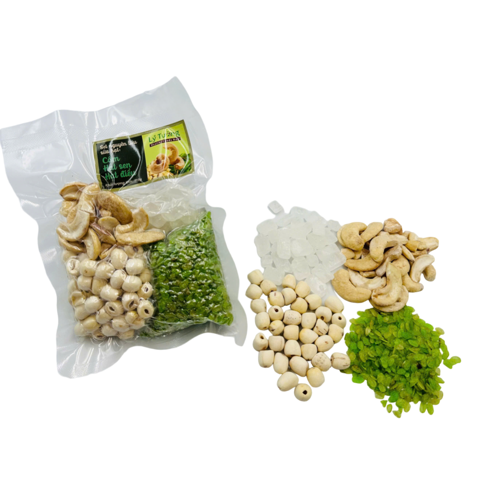 Set nguyên liệu sữa hạt: Cốm - Hạt sen - Hạt điều 115g