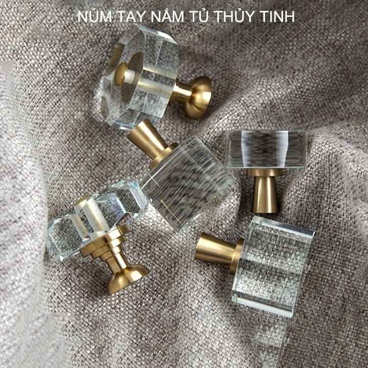 01 Núm tay nắm ngăn kéo bàn, tủ, cửa đa năng bằng thủy tinh và hợp kim đồng