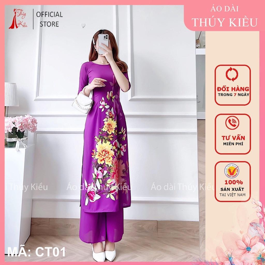 Bộ áo dài cách tân nữ thiết kế lụa Nhật CT01-TIM nền tím hoa mộc lan dự tiệc lễ tết đẹp