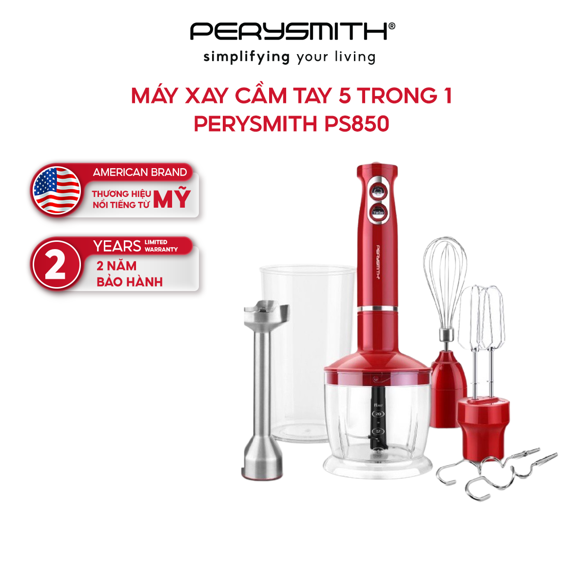 Bộ 5 sản phẩm máy xay sinh tố cầm tay 850W PerySmith PS850 - Hàng chính hãng