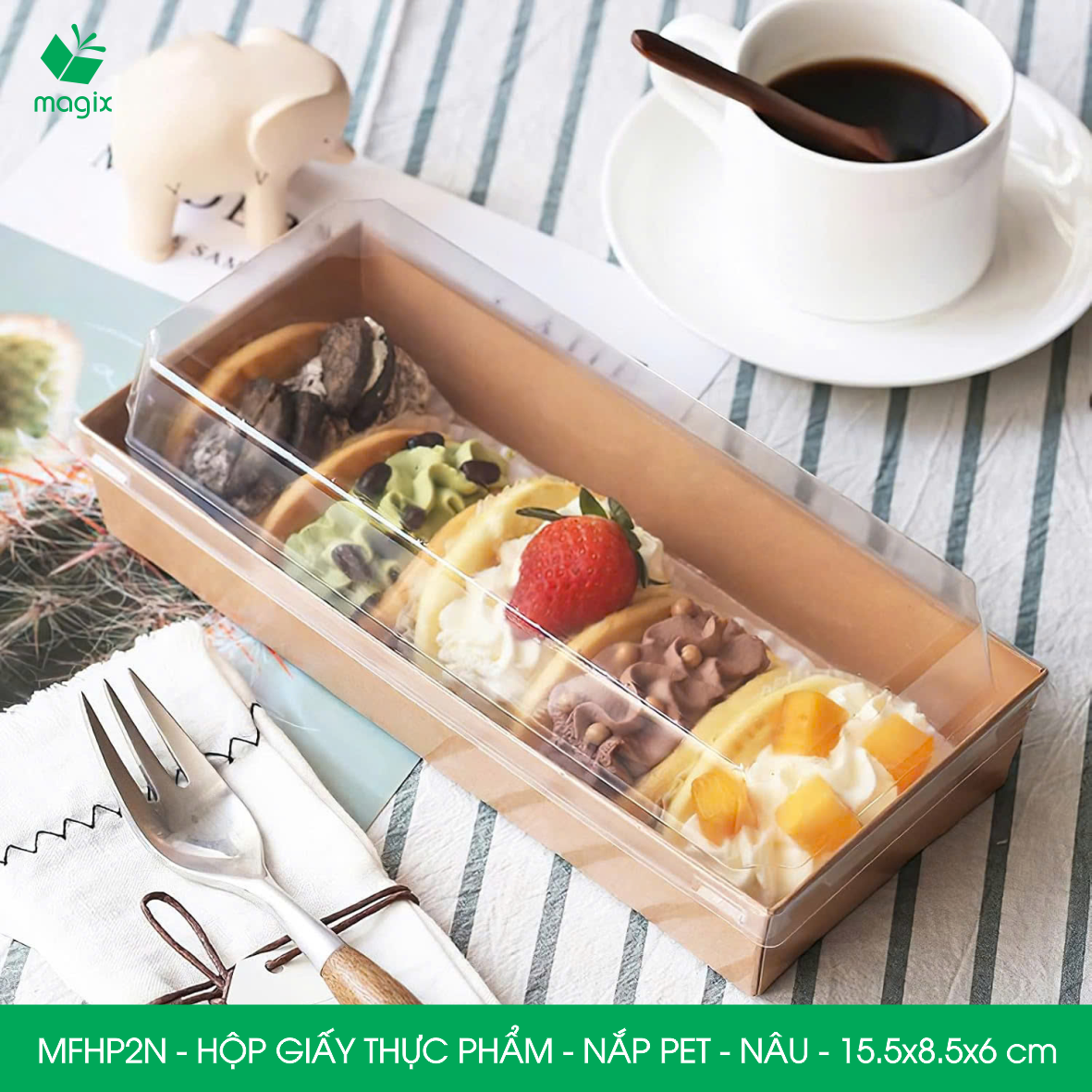 MFHP2N - 15.5x8.5x6 cm - 100 hộp giấy kraft thực phẩm màu nâu nắp Pet, hộp giấy chữ nhật đựng thức ăn, hộp bánh nắp trong