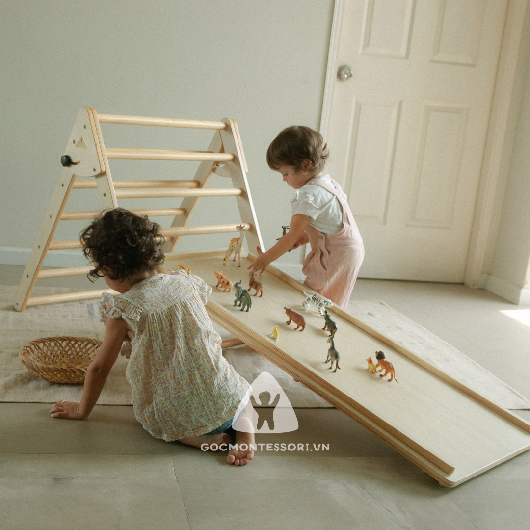 Combo Pikler Triangle 120cm Góc Montessori Giúp Trẻ Phát Triển Vận Động Thô: Thang Tam Giác Vận Động Gấp Gọn + Tấm Trèo Kiêm Cầu Trượt 120cm