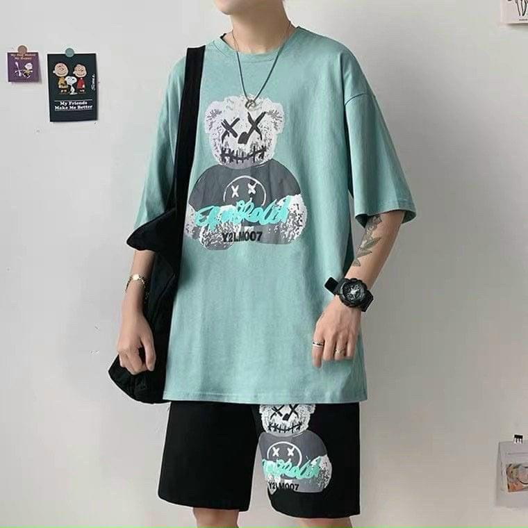 Set bộ quần áo in gấu freesize dưới 65kg cực cute cho nam
