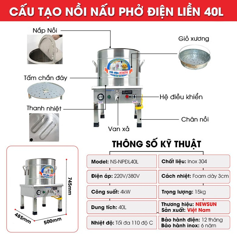 Nồi Nấu Phở Điện Liền Nồi NEWSUN 40L - Hàng Chính Hãng