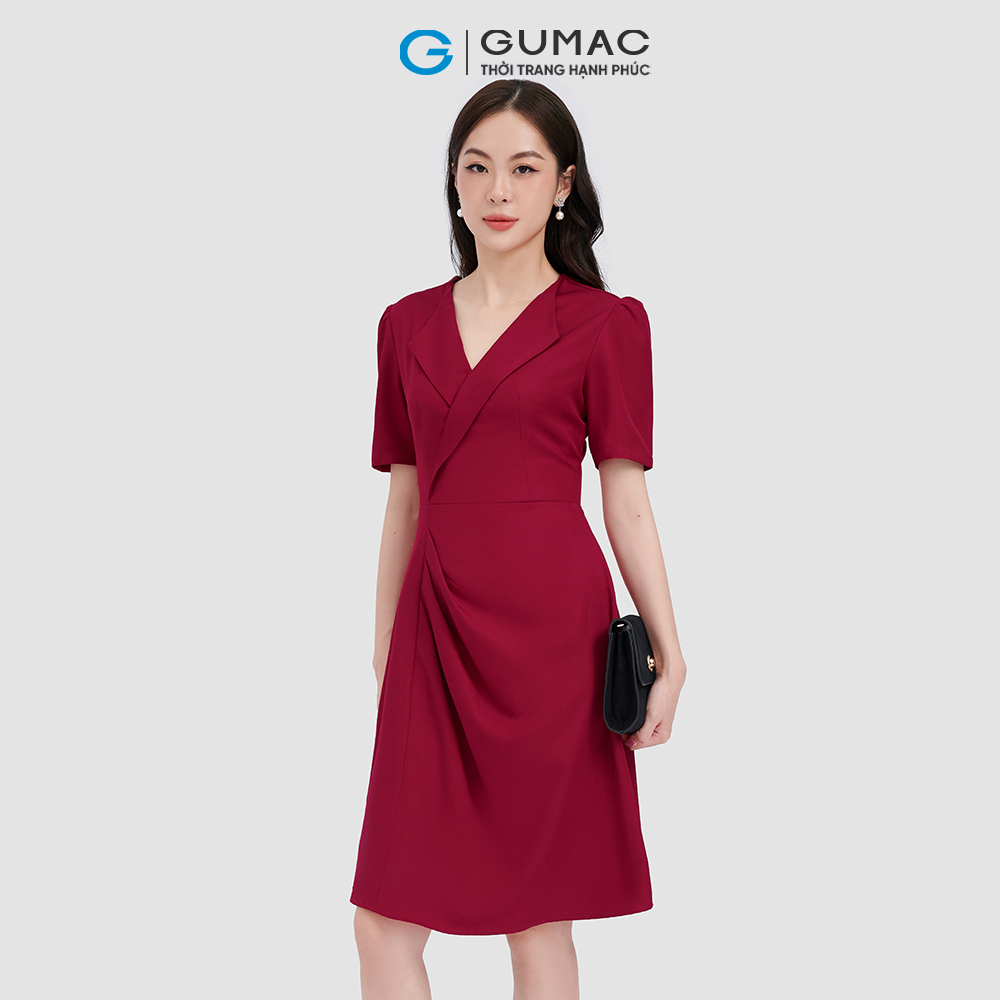 Đầm nữ GUMAC DC05010 form A cổ danton phối xếp ly tạo kiểu