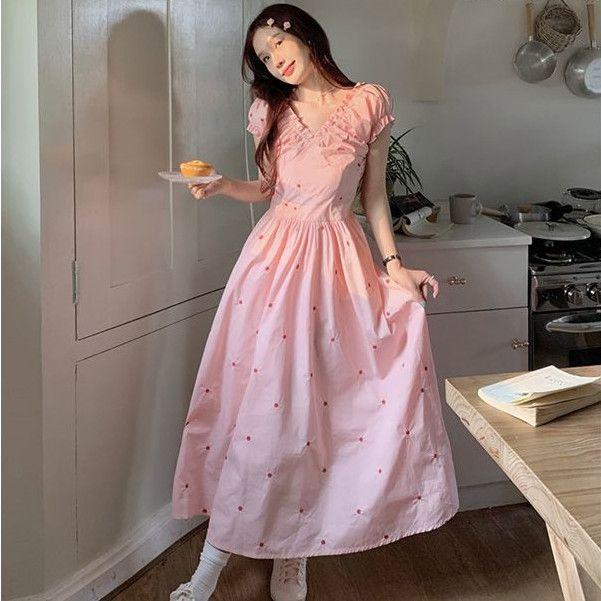 SHUANGYAN Váy ngắn tay nhẹ nhàng cho phụ nữ mùa hè 2023 ngọt ngào và cay thiết kế cảm giác V-neck nếp gấp thắt lưng váy dài