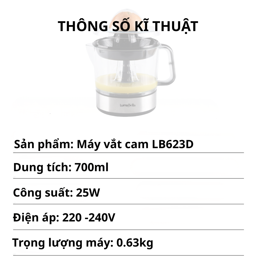Máy vắt cam gia đình, máy ép cam tự động Lumabella LB-632D 45W, dung tích 700ml, dễ dùng, dễ vệ sinh - HÀNG CHÍNH HÃNG