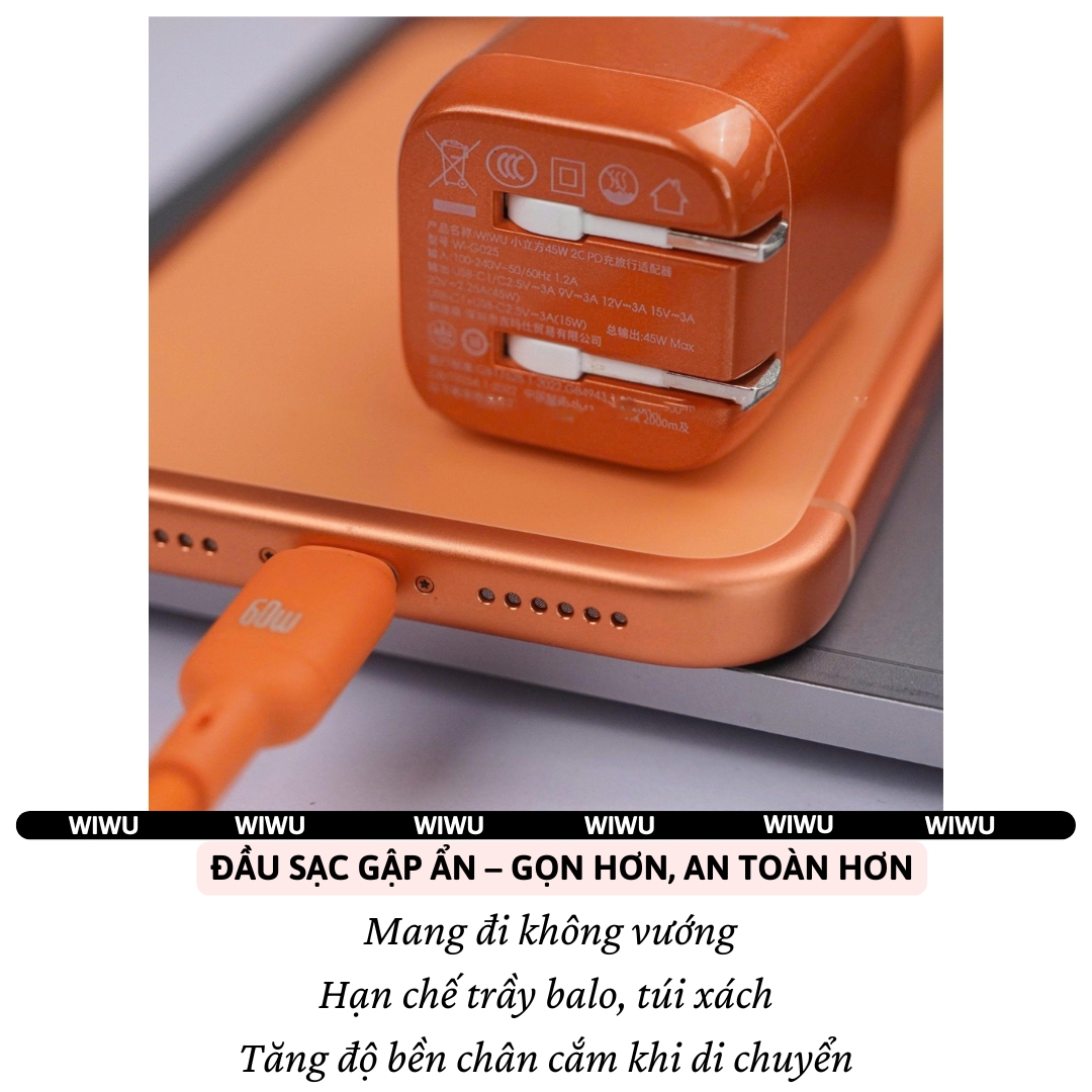 Bộ Adapter Cóc Củ Sạc Nhanh USB-C hiệu WiWU 45W USB-C công nghệ TurboCharge sạc ổn định, không nóng – Combo Củ & Dây sạc Type-C Chip Smart IC An toàn,điều chỉnh dòng điện, Vỏ chống cháy - hàng nhập khẩu