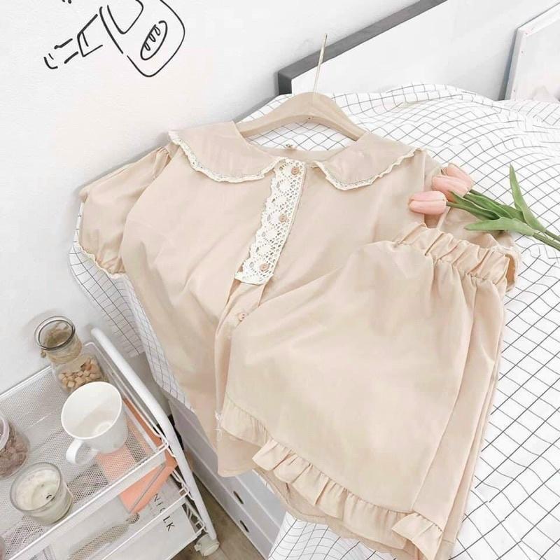 Set đồ bộ cổ sen bèo ren màu nude