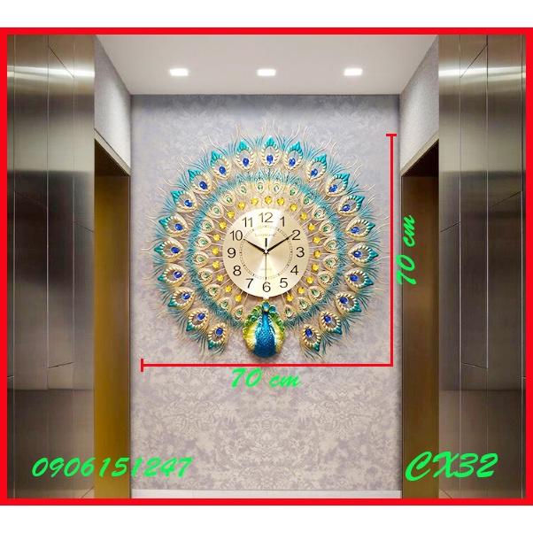 Đồng hồ treo tường trang trí decor chim công CX32 Khổng Tước xanh kích thước 70 x 70 cm