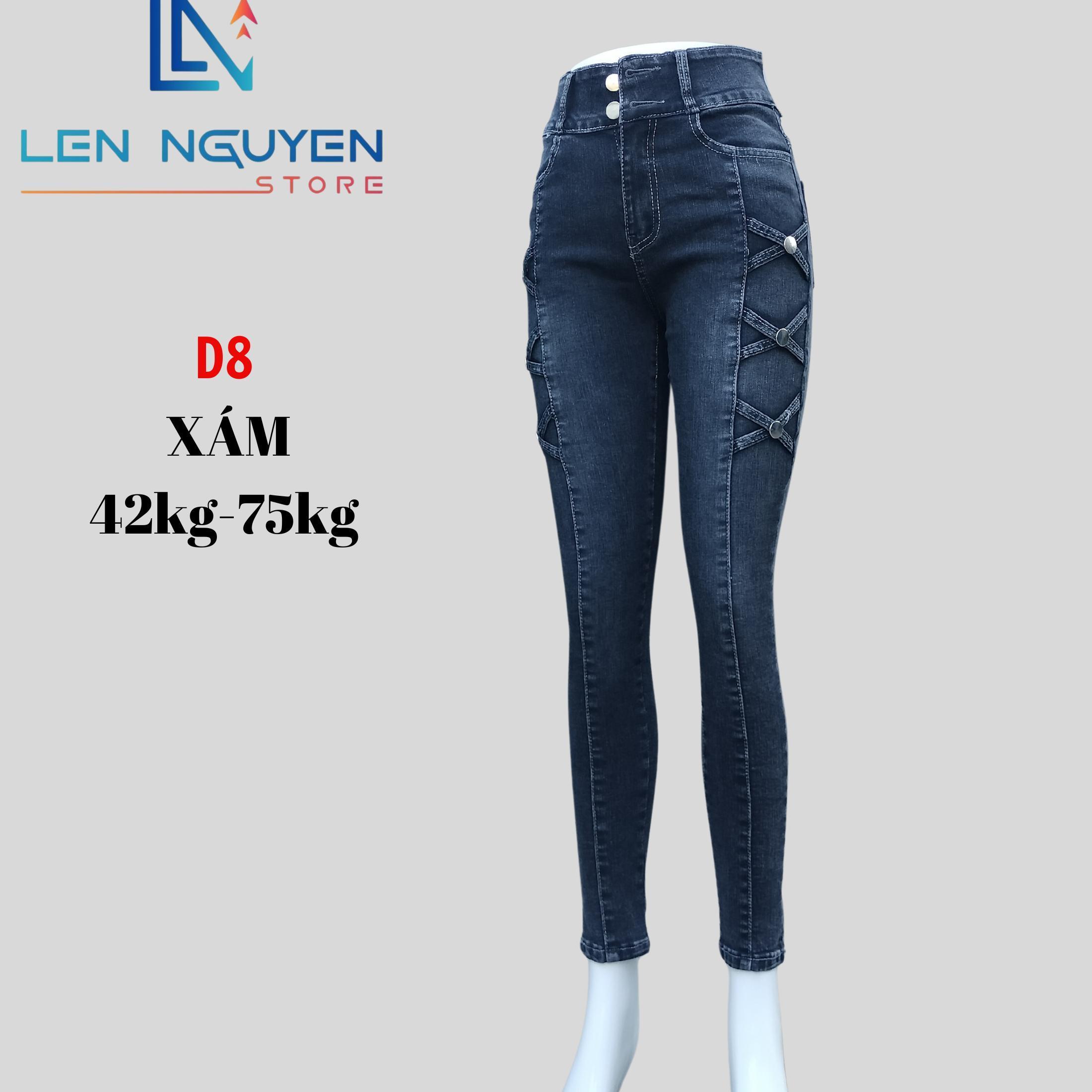D8_Quần Jean Nữ ,Dài 95cm, Thiết Kế Thêu 2 Nút Lưng Cao,Quần bò nữ, Ôm gọn lưng cao, co giãn  - Xanh Đậm