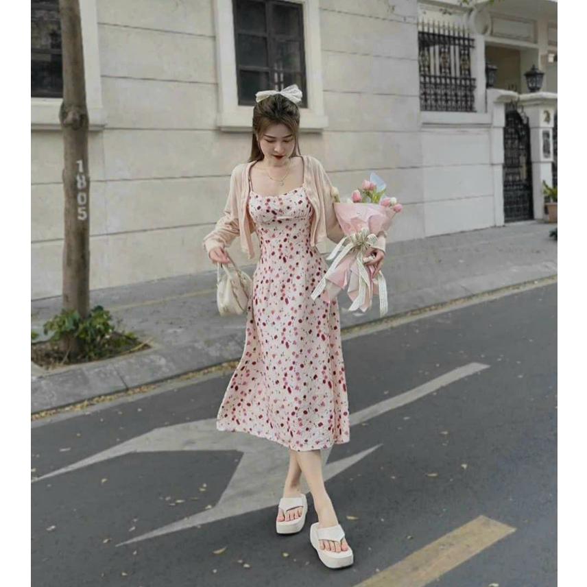 Sét đầm midi xốp hoa 2s kèm áo khoác thun hot trend
