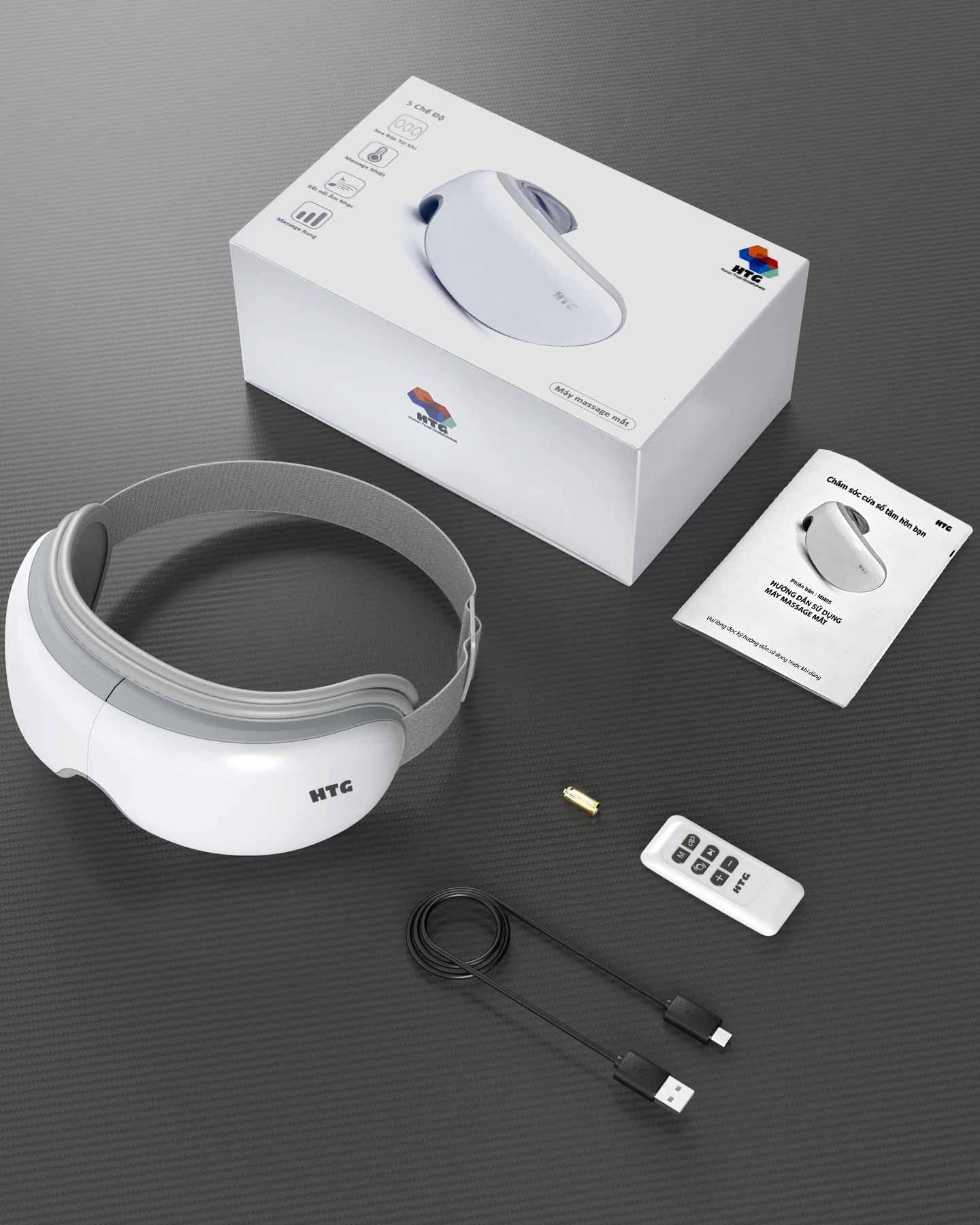 Máy massage mắt HTG MM05 tích hợp điều khiển từ xa, 5 in 1 phiên bản nâng cấp, 2 cấp độ xoa bóp mát xa tùy chỉnh tùy ý, rung tần số cao và nén nóng 42ºC graphene