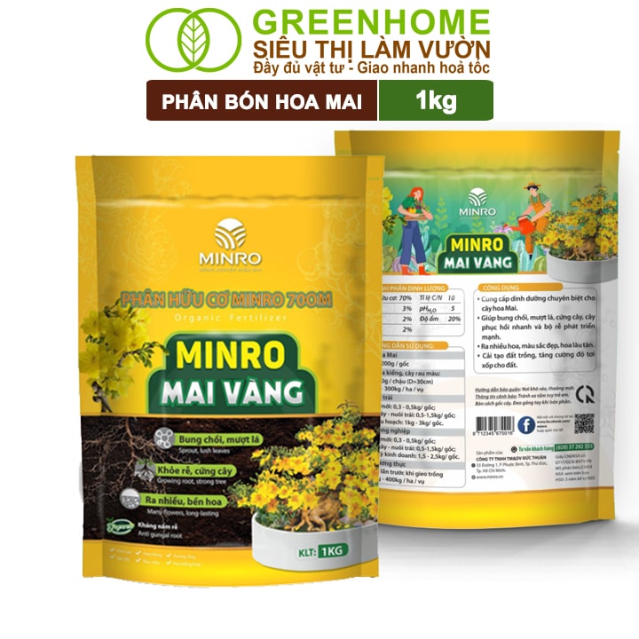 Phân Bón Hoa Mai Greenhome, Minro, Bao 1kg, Hữu Cơ, Dưỡng Cây, Bung Chồi, Mượt Lá, Khoẻ Rễ, Bền Hoa