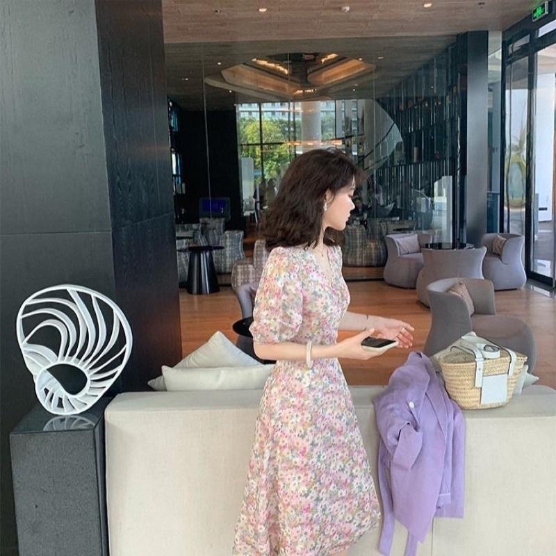 Váy Hoa Nhí Cổ V, Đầm Hoa Nữ Tay Bèo Dáng Dài Váy Vintage, Váy hoa maxi